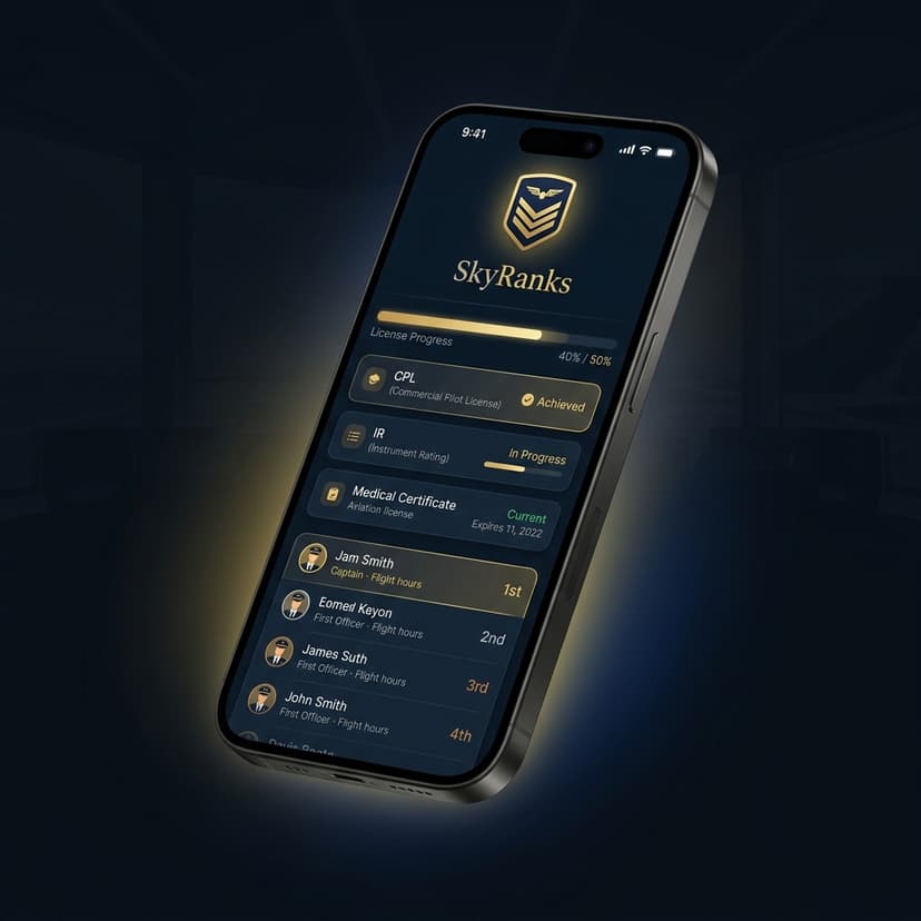 SkyRanks mobile app dashboard showing pilot rank, license tracker and leaderboard